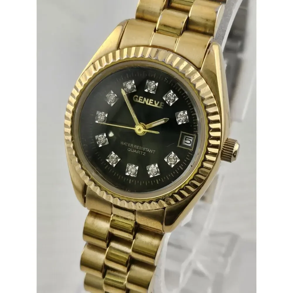 Ladies GENEVE Watch Presidential Bezel Date New Battery Crystal Dial Runs Nice!